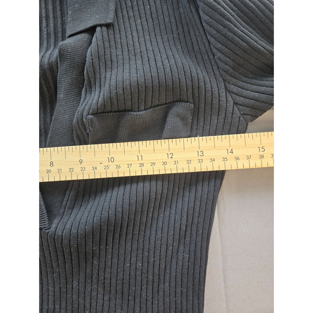 Zara Ribbed Collared Sweater V-Neck Cotton Front Fake Pockets Black Quiet Luxury - Picture 14 of 16